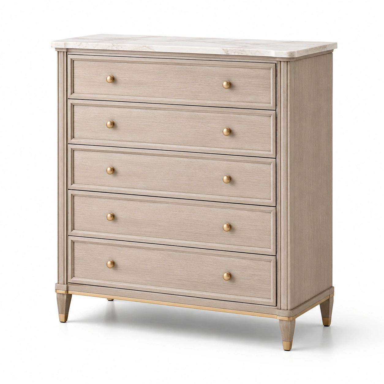 Kommode mit 5 Schubladen Eichenholz und Marmorplatte Beige
