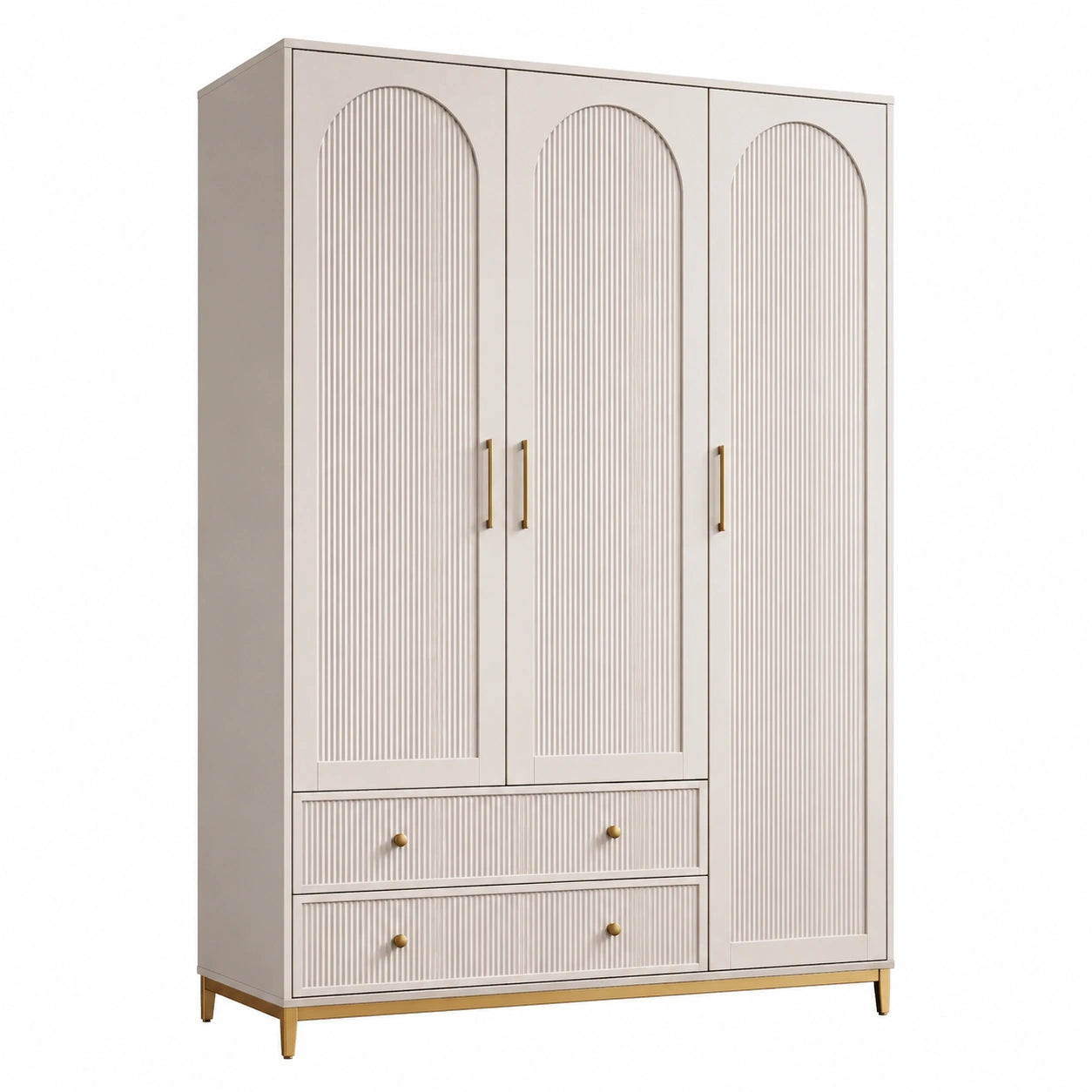 Beiger Kleiderschrank mit 3 Türen und 2 Schubladen aus MDF und Metall