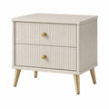 Nachttisch aus MDF mit Holzfurnier und Metallbeinen, Beige und Gold