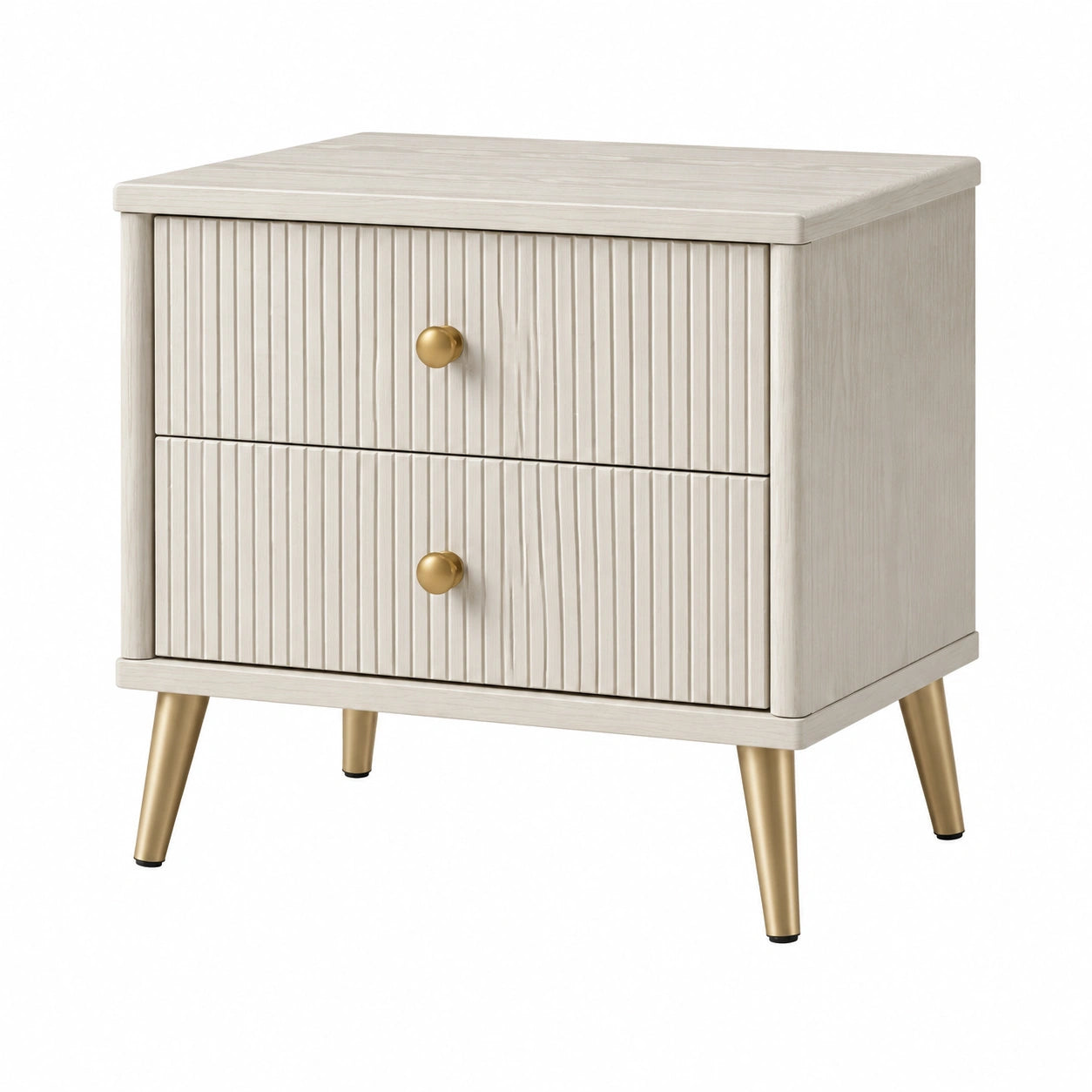 Nachttisch aus MDF mit Holzfurnier und Metallbeinen, Beige und Gold