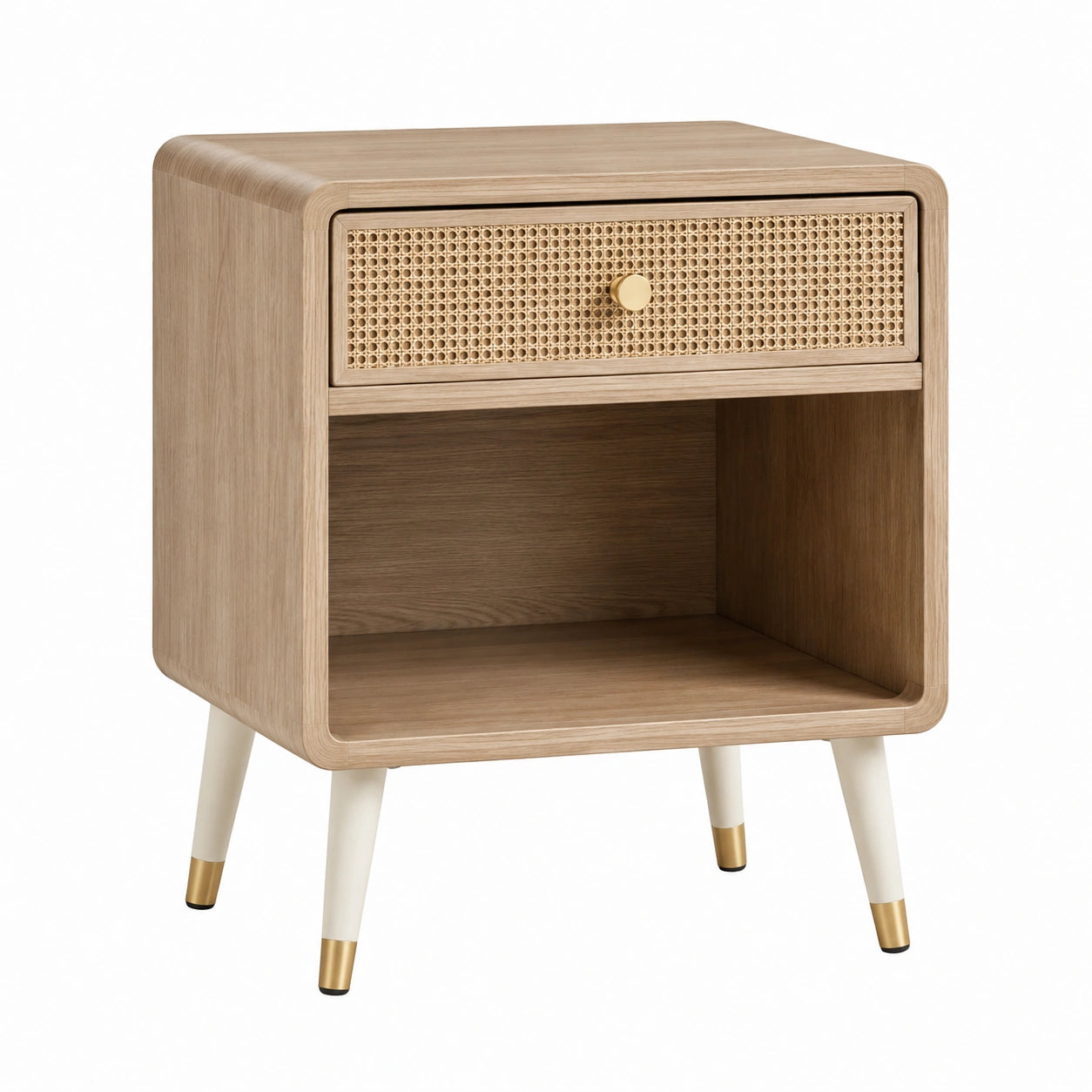 Nachttisch Holzfurnier und Rattan Beige Weiß 60x40x65 cm