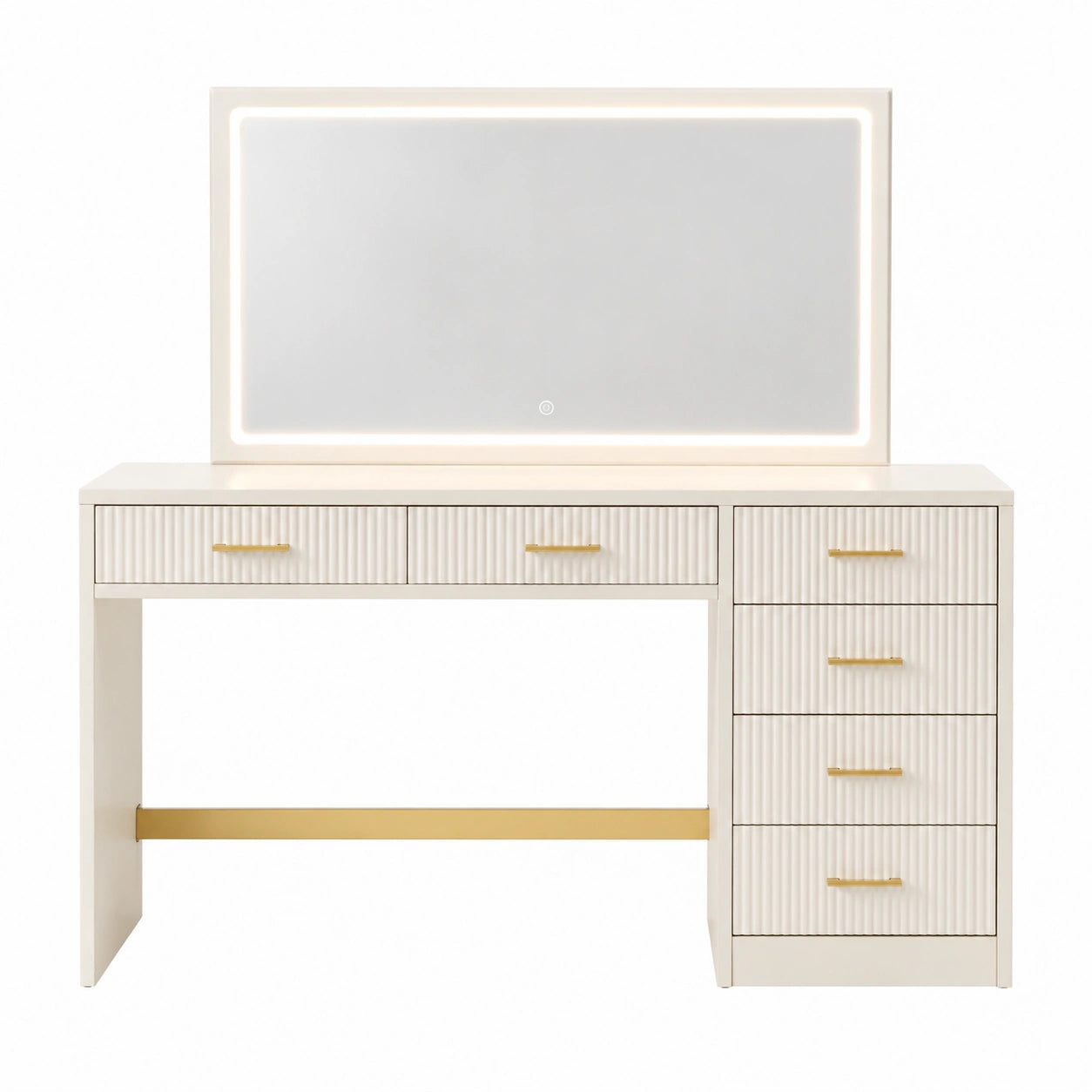 Schminktisch aus MDF mit Spiegel und LED-Beleuchtung, Cremeweiß und Gold