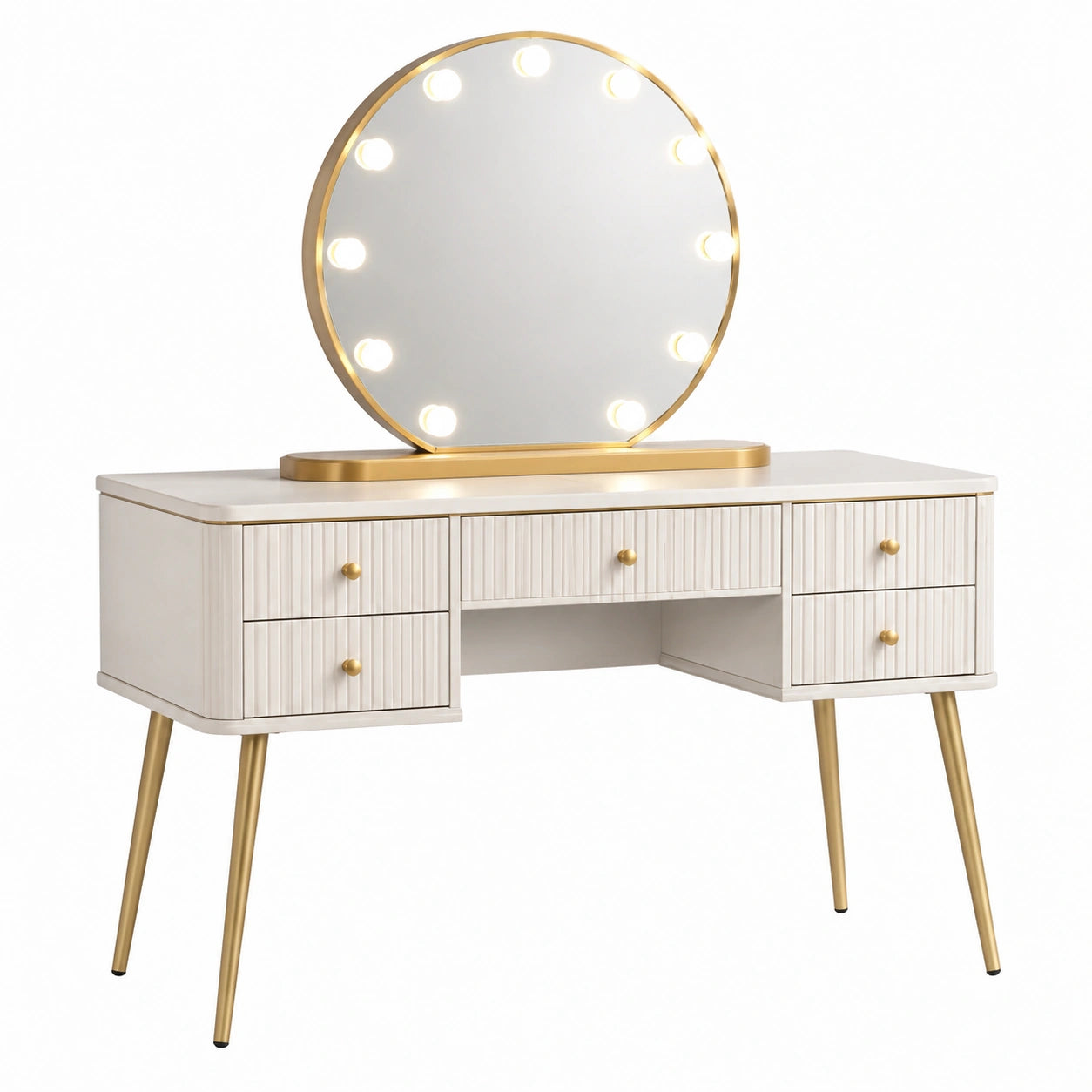 Schminktisch aus MDF mit rundem Spiegel und Metallbeinen in Weiß/Gold